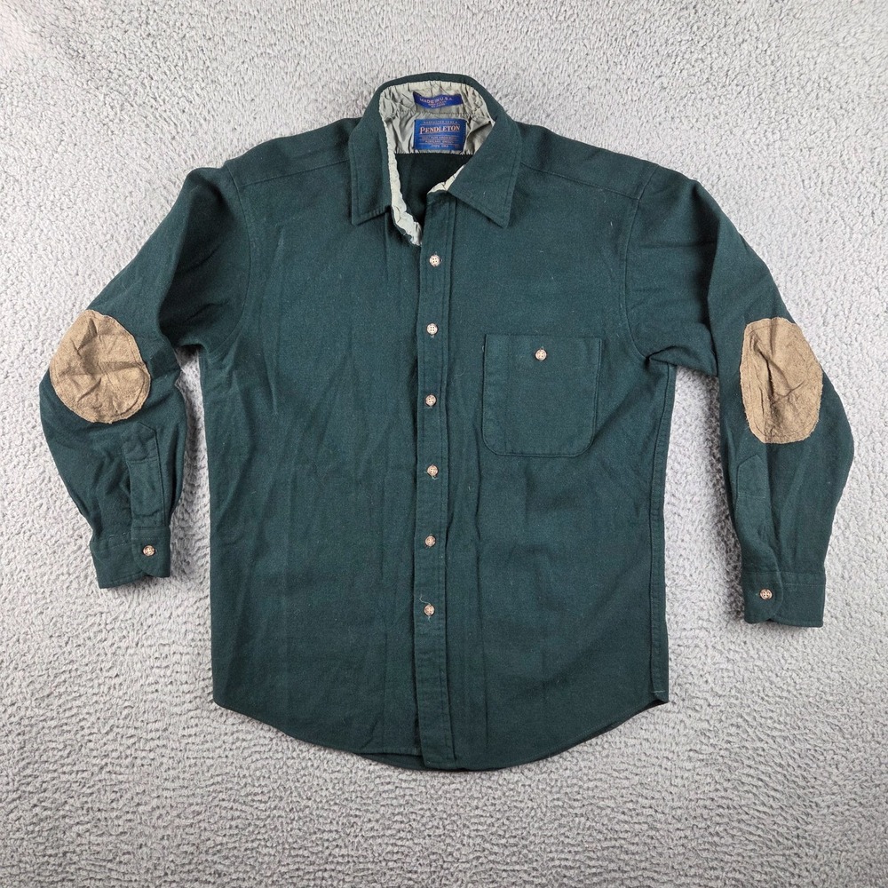 Vintage Pendleton 100% Pure Virgin Wool Shirt Mens M Green Solid Elbow Pads